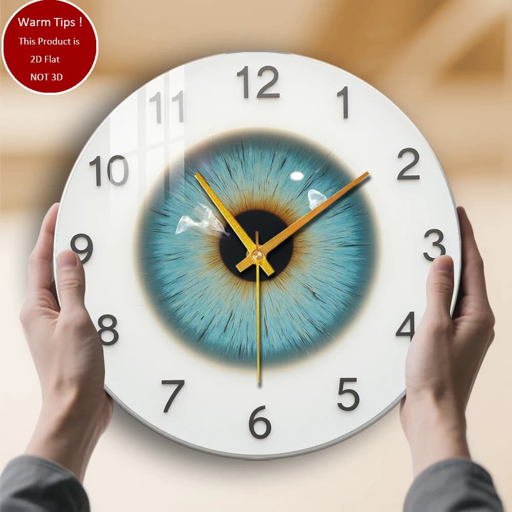 Tempered Glass Wall Clock with Blue Eye Pattern Suitable for Home or Table Room Wall Decoration Display everywhere