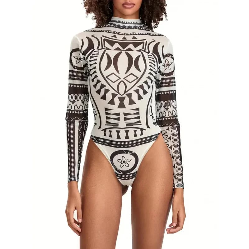 XS-3XL Summer Beach Long Sleeve Sunscreen Bathing Swim Wear Tight Jumpsuit Cosplay Black Print Sexy Women Swimsuit Bodysuit CanC