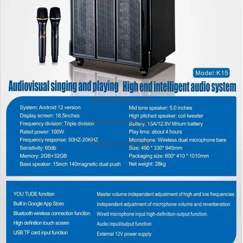 Sistema microfonico wireless portatile K15 Deflector con display video sullo schermo - Intrattenimento audio con altoparlante per macchina karaoke