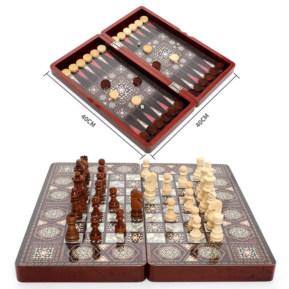 40cm Three in One International Chess Set Retro Floral Pattern Multifunctional Design