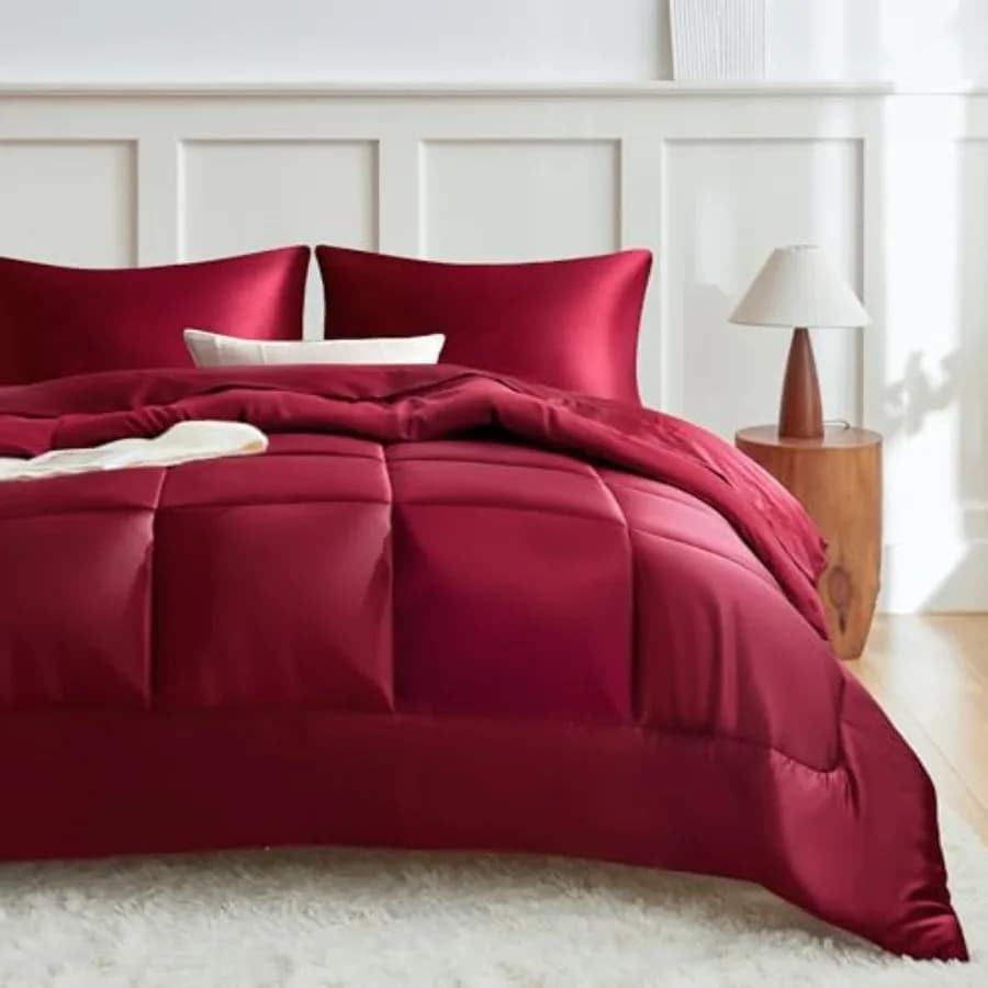 Set Copripiumino Bordeaux Reversibile in Microfibra Satinata per Tutte le Stagioni, 3 Pezzi, Set Biancheria da Letto Morbida e Antiscivolo