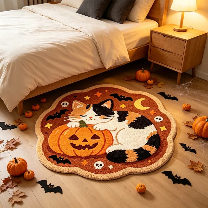 VIKAMA Halloween Calico Cat Pumpkin Round Area Rug Bat Skull Moon Pattern Non‑Slip Floor Mat for Bedroom Holiday Home Decor