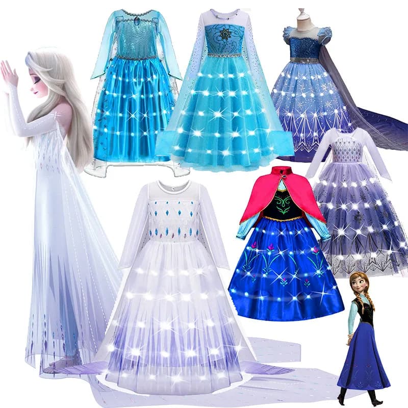 Abiti da principessa Disney Elsa + luce a LED per ragazze in rete con paillettes Abito per bambini Cosplay Frozen Snow Queen Costumi Abiti da festa di Halloween