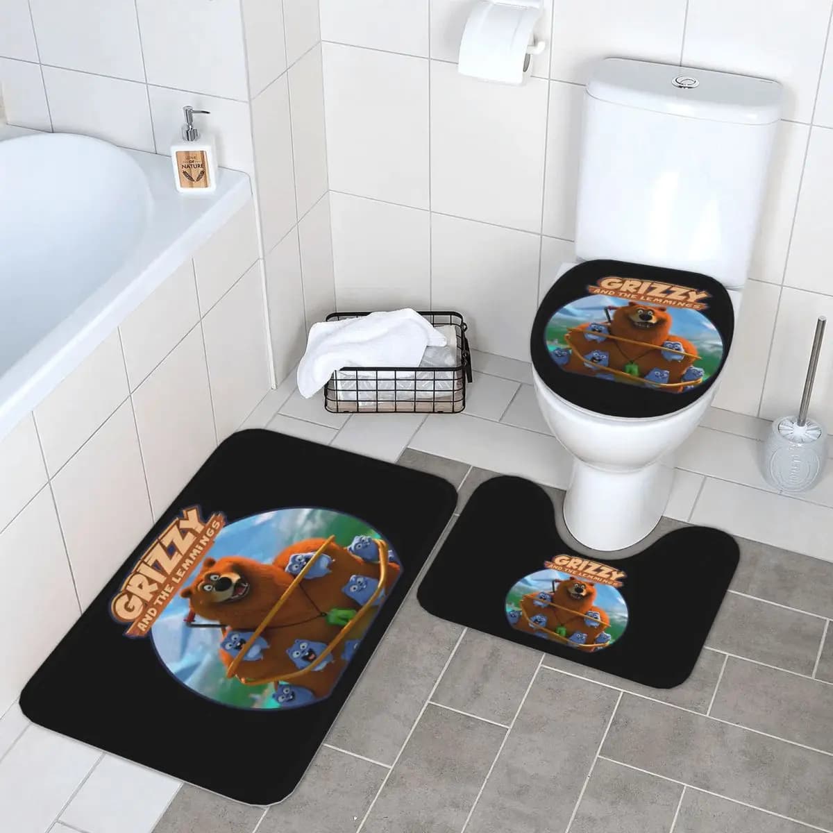 Grizzy And The Lemmings Tappetino da bagno 3 pezzi Set da bagno Copri coperchio per WC Decorazioni per la casa Tappeto antiscivolo