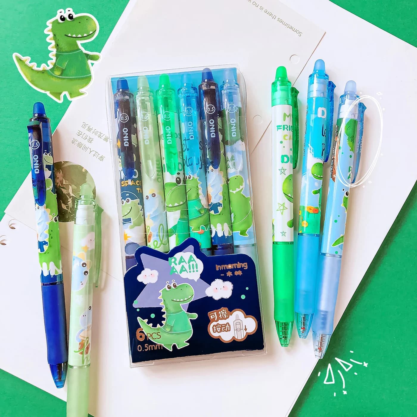 Regalo di cancelleria Kawaii Forniture per ufficio scolastico Dinosauri carini Penne a sfera piuttosto estetiche Studenti Penna gel cancellabile con inchiostro blu