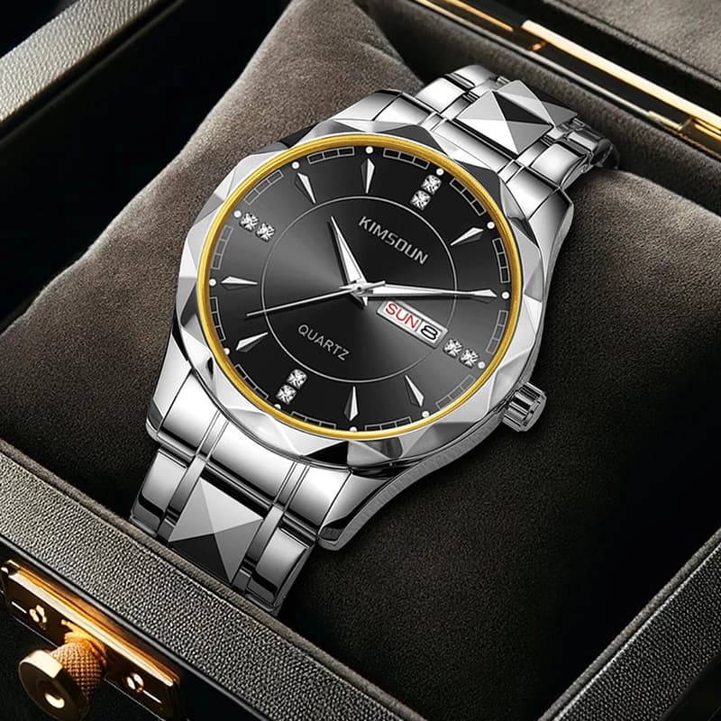 Orologio da uomo in stile business con calendario e diamanti, cassa in argento, quadrante nero e cinturino in acciaio inossidabile argentato