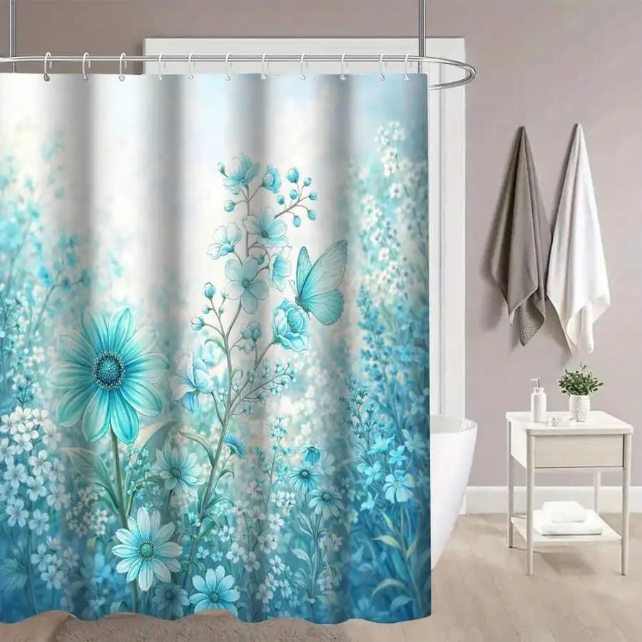 Blue Flower And Butterfly Shower Curtain, Bathroom Decor, Includes Hooks, Bathroom Accessories, Birthday Gift, Best Gift For