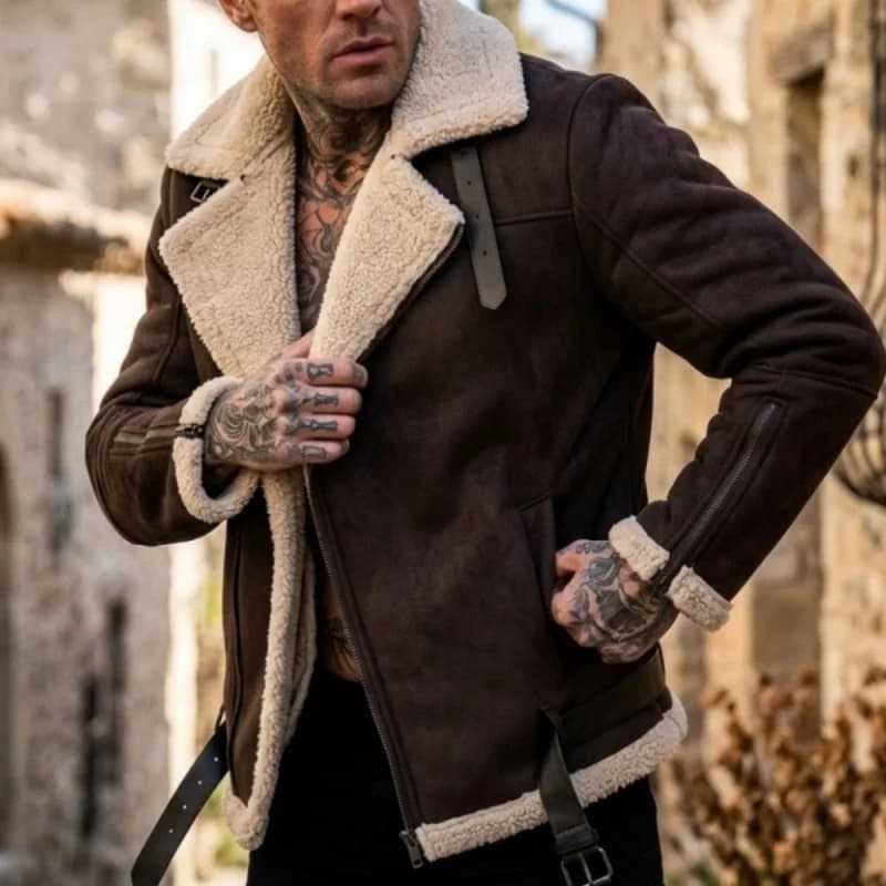 Men’s Winter Thickened Jacket Faux Suede Fleece-Lined Zip-Up Coat Thickened Yet Lightweight Belted Jacket Outdoor Hiking Hunting