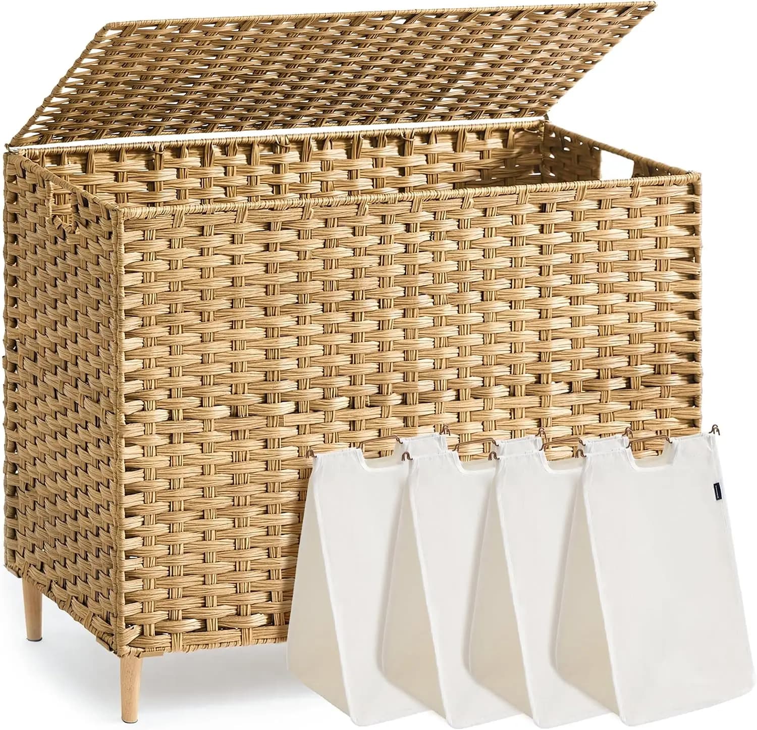 4 Section Laundry Hamper With Lid, 210L Woven PE Rattan Laundry Basket With Removable Washable Liner Bags, Large Clothes Storage Organizer Bin For Bedroom, Bathroom, Living Room, Goose Yellow