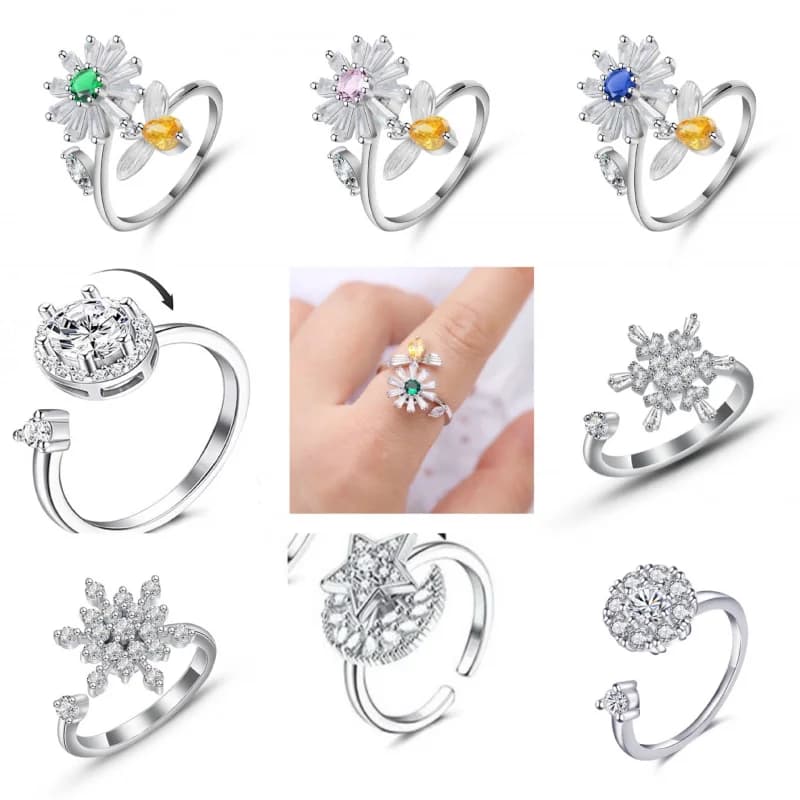SMJEL Fidget Spinner Anello Ansia per le donne Fiore di cristallo multiplo Occhio Farfalla Anello animale Ruota Antistress Gioielli da sposa