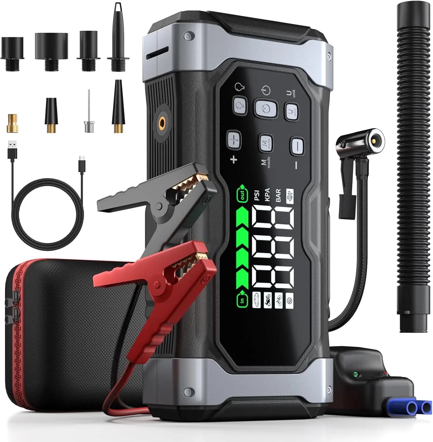 Avviatore di emergenza da 9000 A con compressore d'aria da 150 PSI, booster per auto portatile da 12 V, alimentatore 9 in 1, display LCD, cavi intelligenti, emergenza