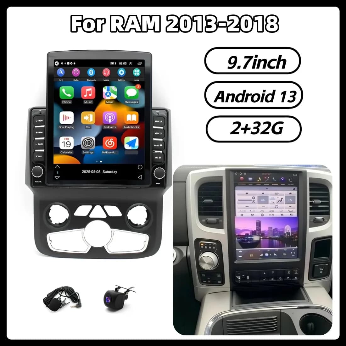 Autoradio Android 13 da 9.7 pollici 2+32G con GPS per RAM 2013-2018, compatibile con Carplay e Android Auto, lettore multimediale Bluetooth.