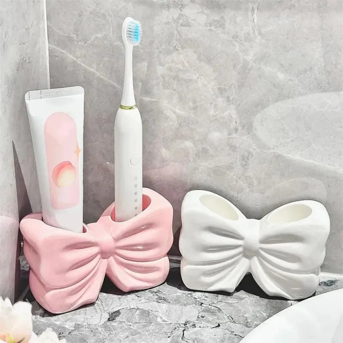 Portaspazzolino in Ceramica a Forma di Fiocco, Porta Spazzolino e Dentifricio, Accessorio da Bagno, Porta Spazzole