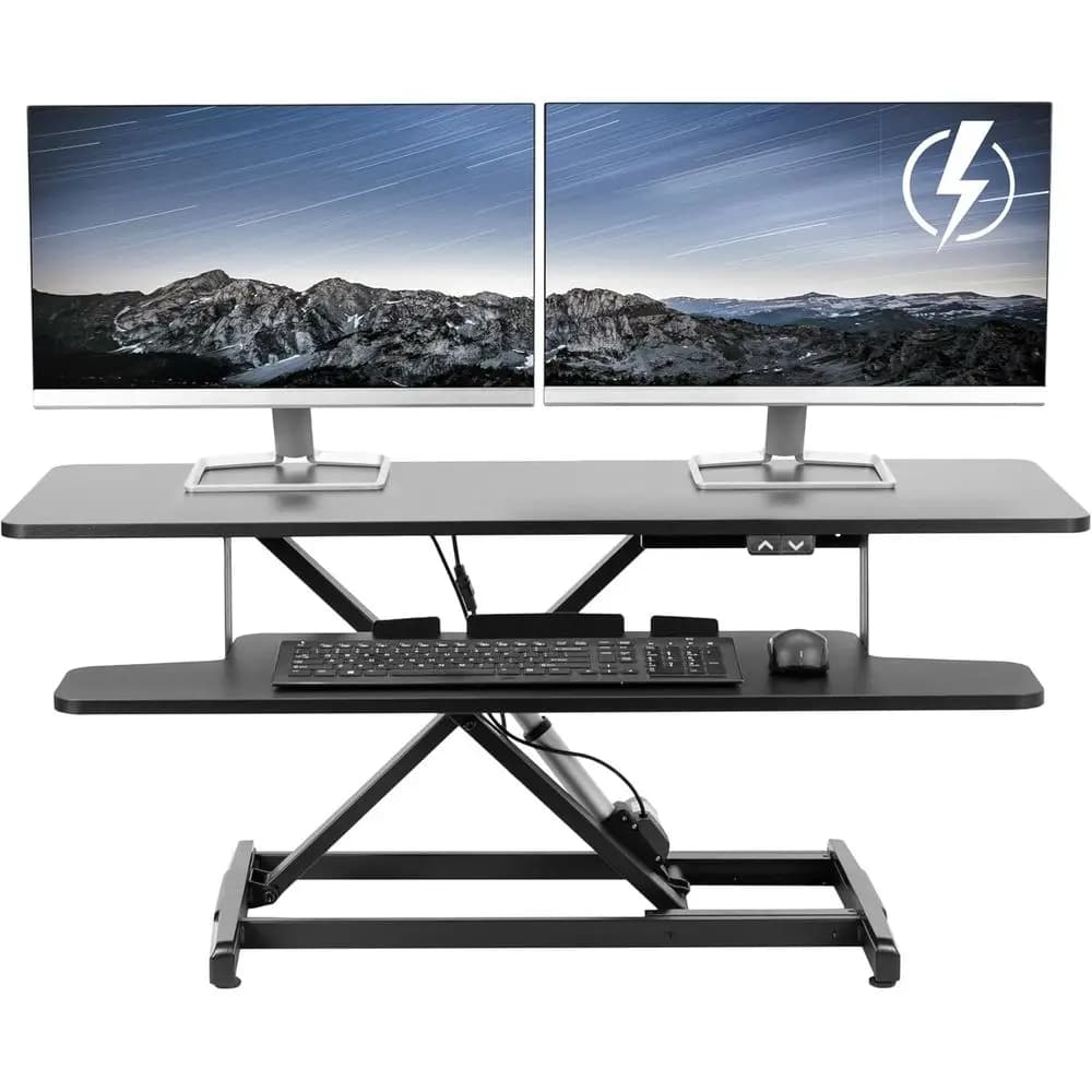 Black 42 inch Electric Desk Converter, DESK-VE42B | Height Adjustable, Stand Up Desk Riser, Wide Keyboard Tray, Dual Monitor and