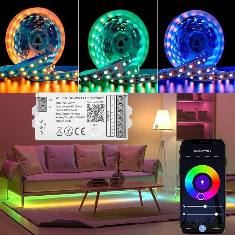 Striscia LED RGBW 5M 4 in 1 SMD5050 12V 60LED/M Strisce flessibili 24V RGBWW con controller Tuya Smart Wifi Alexa e Google
