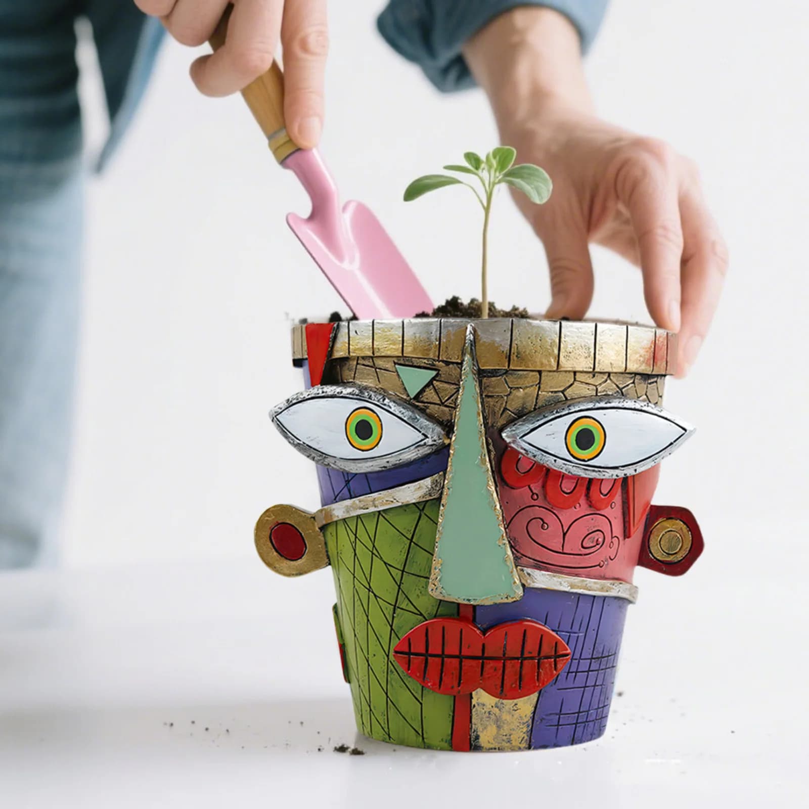 Vaso per Piante a Forma di Viso Astratto Colorato, Pratico Contenitore per Coltivazione Indoor e Patio, Vaso Artistico da Tavolo