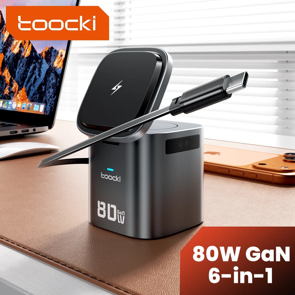 Toocki 80W 6-in-1 GaN charging station Type C PD 65W Wireless adapter for retractable quick charger for iPhone 16 17 iWatch AirPods