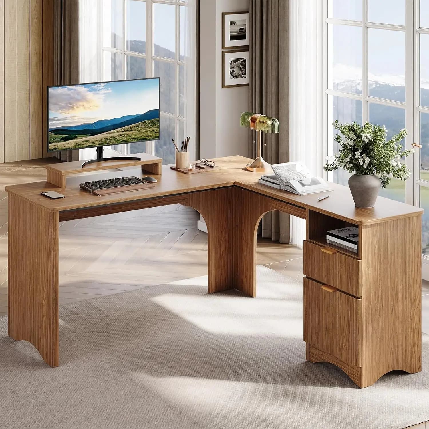 L Shaped Desk with File Drawer, 55.7" x 55" Office Computer Desk with Round Corners, Modern Desk with Monitor Stand, Customized