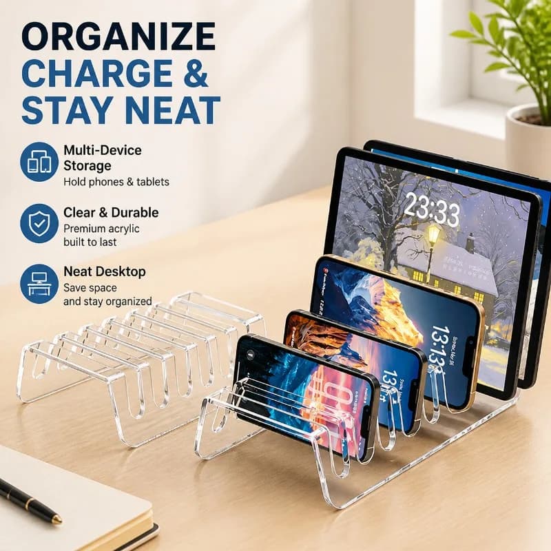 Organizer da Scrivania in Acrilico Trasparente Multi-griglia per Telefoni, Supporto di Ricarica Multi-dispositivo, Porta Tablet per Casa