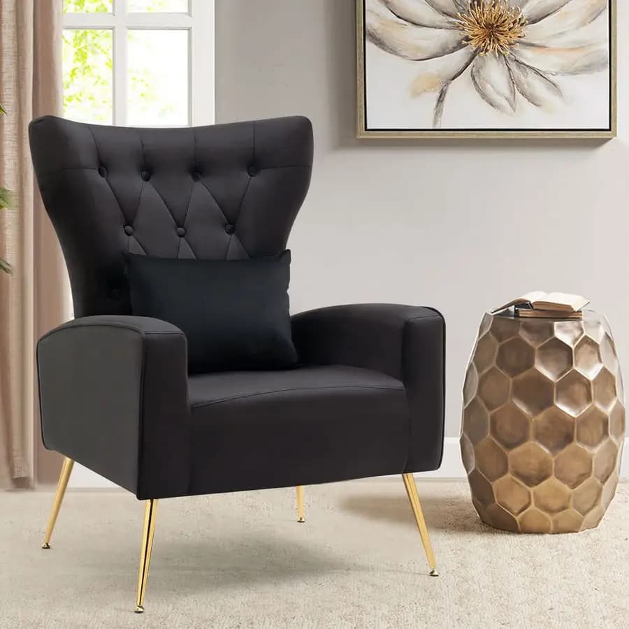 Poltrona da Soggiorno, Sedia Accent in Velluto con Schienale Alto e Cuscino Lombare, Poltrona da Camera con Gambe Dorate, Nera