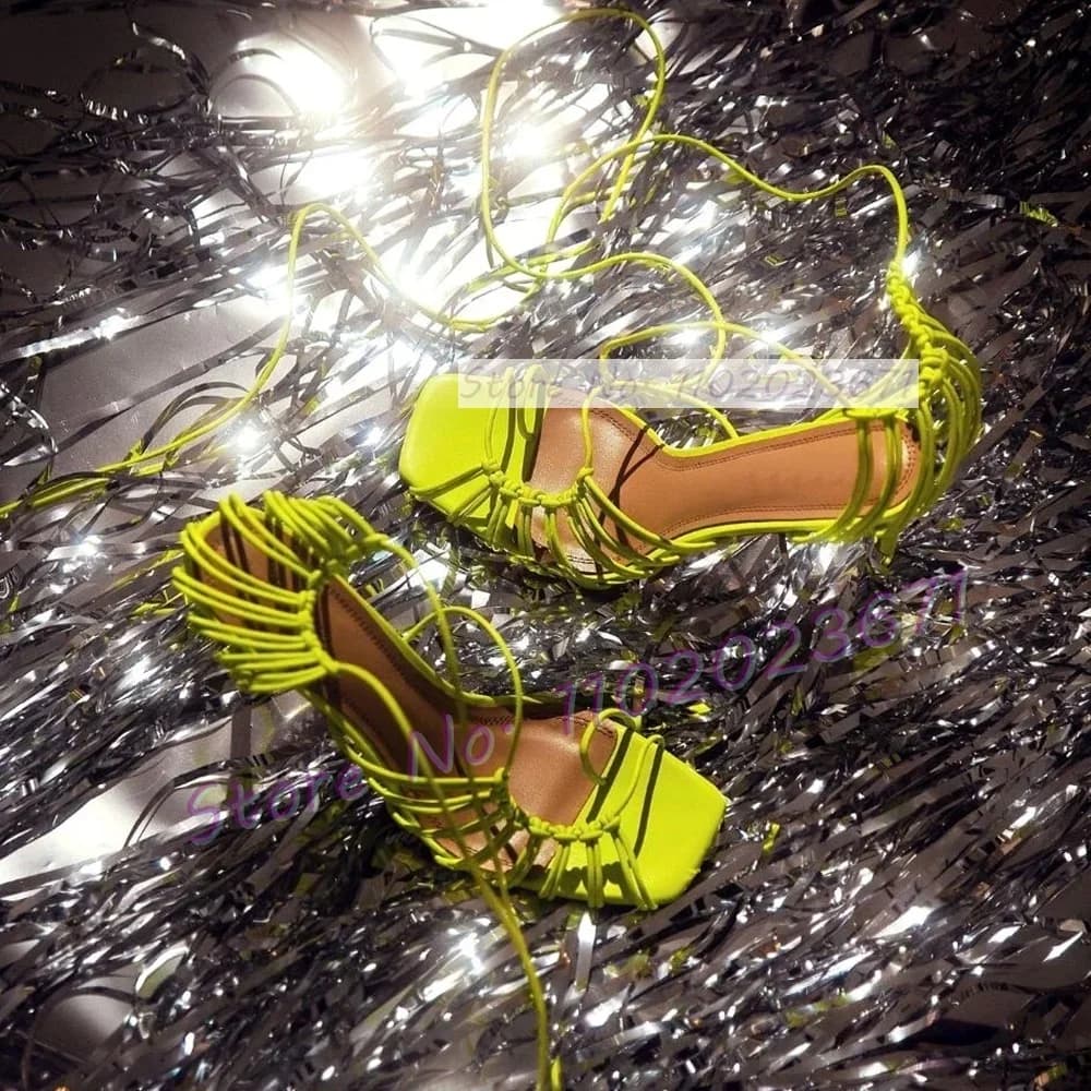 Elegant sandals with laces and laces with women's thread Sexy square tip high heels sleek shoes with cross strap summer sandals with women's strap