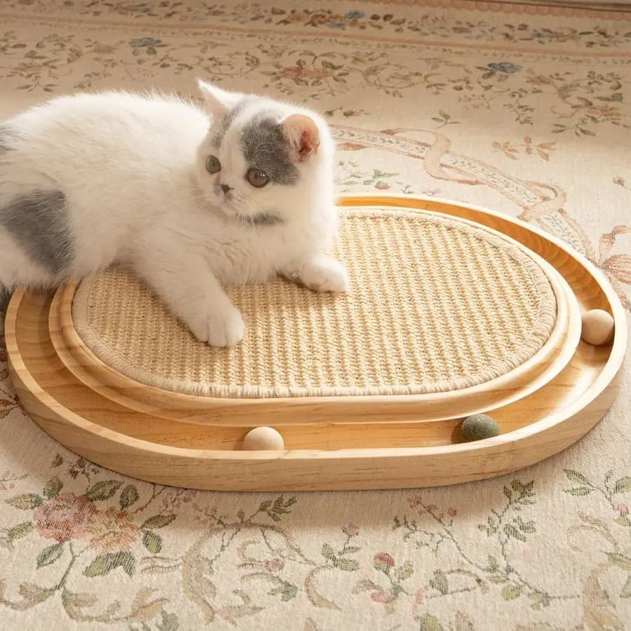 PETS Tiragraffi per Gatti in Sisal con Pista per Palline, Giocattolo Interattivo in Legno per Gatti da Interno, Tappetino per Graffi, Esercizio Fisico per Gattini