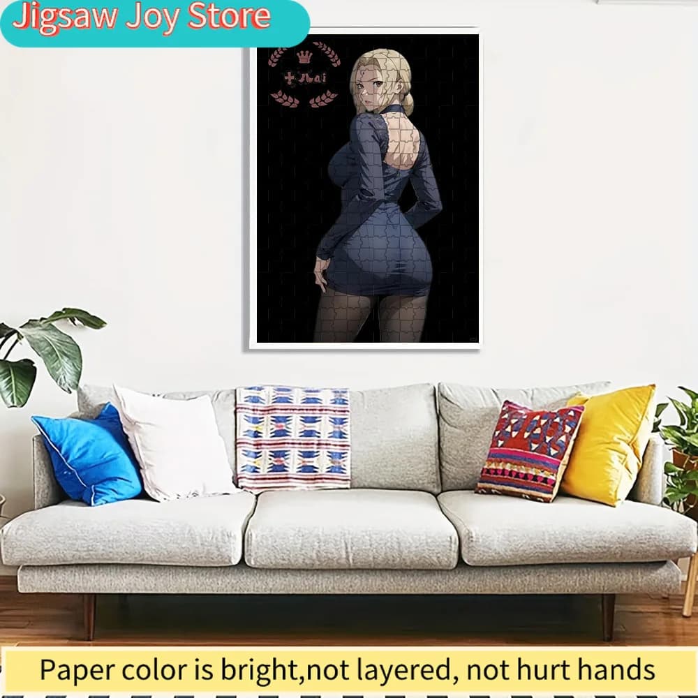 Puzzle di carta Tsunade Senju, elegante illustrazione artistica del personaggio anime Naruto in abito blu scuro con dettagli in pizzo sul retro, illustrazione elegante su