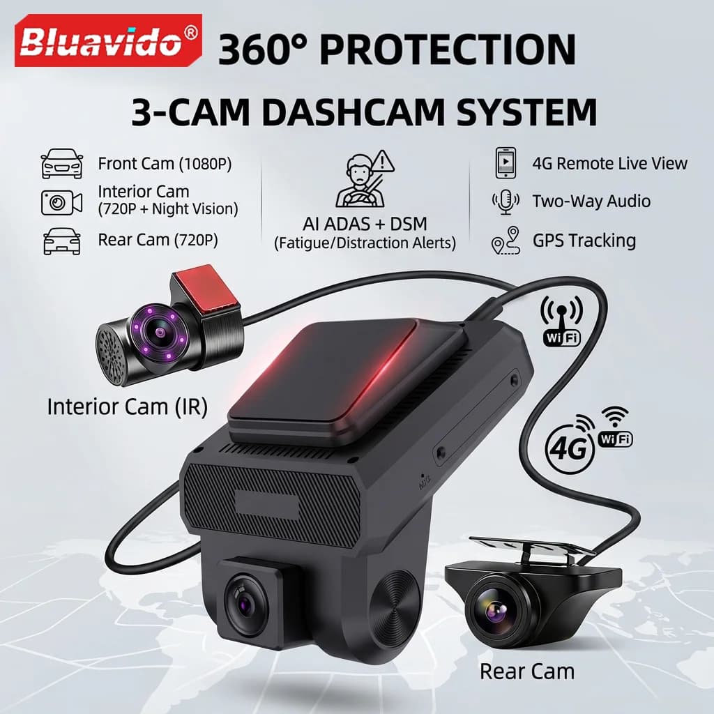4G LTE Dash Cam with 3 Cameras FHD 1080P Night Vision Car Video Recorder 24H Remote Monitoring WiFi Parking Surveillance DVR