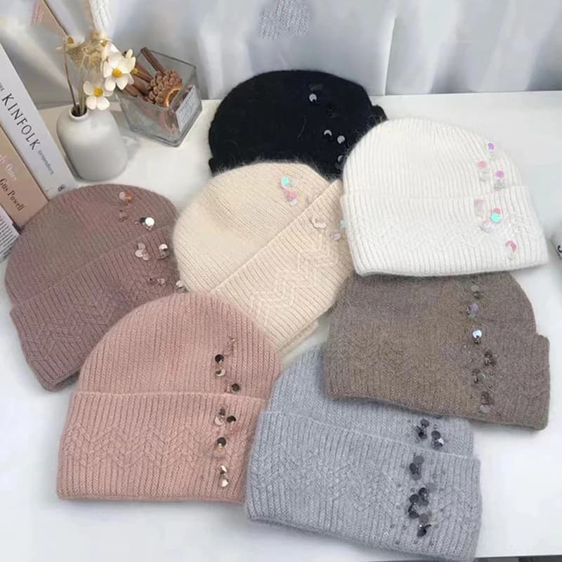 Cappello donna berretto invernale angora maglia paillettes doppi strati accessorio caldo per l'autunno tempo freddo sport da sci vacanze all'aria aperta