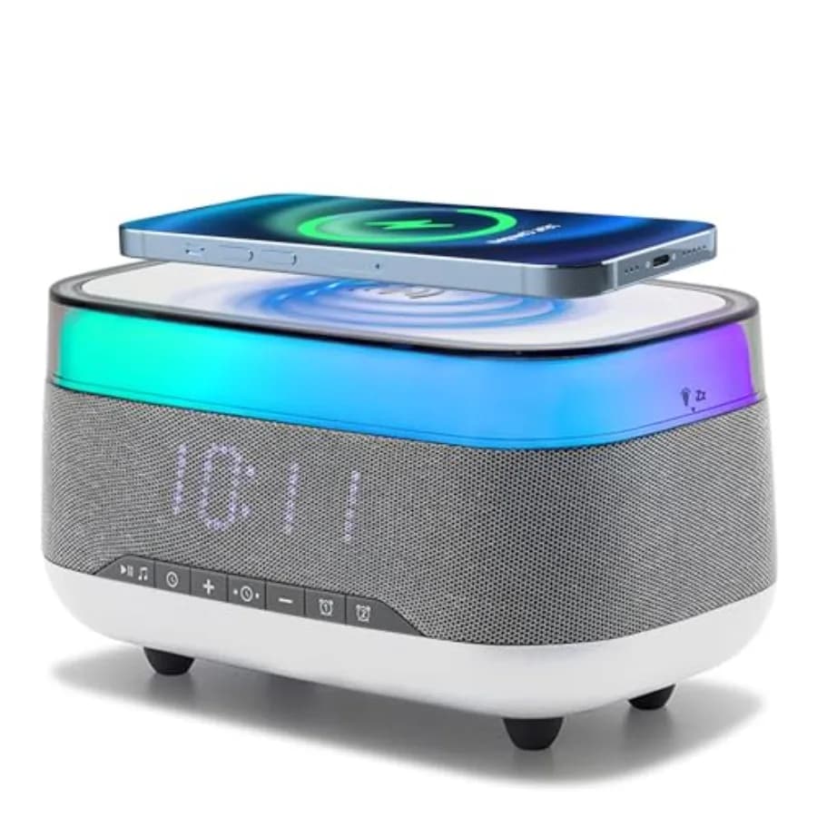 Sveglia con Caricatore Wireless da 15W, Altoparlante Bluetooth, Display LED Dimmerabile, Doppio Allarme, Lampada da Comodino Touch per Camera da Letto e Ufficio