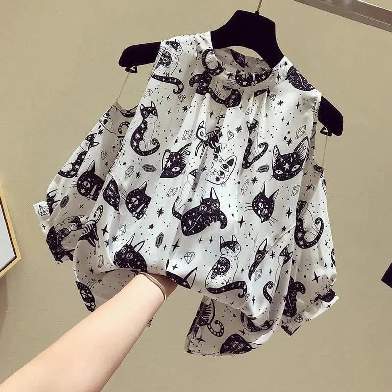 Cat Cartoon Print Chiffon Vintage O-Necklace Short Sleeves Coached Women's Shirt Fashion Korean Women's Clothing Top 2024 Summer