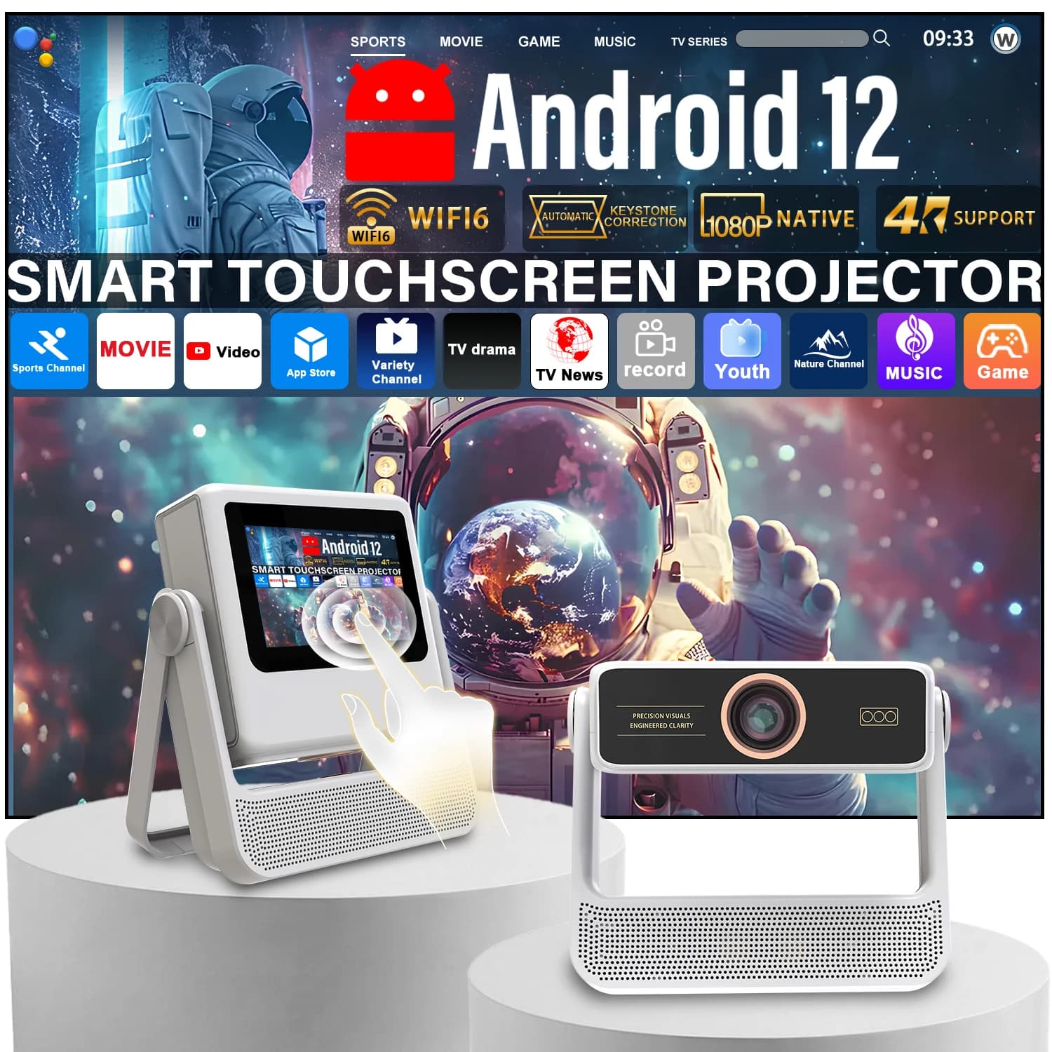 7" Touch Screen Projector 4K HDMI USB BT Speaker Kids Education Fitness Workout Home Cinema Gift Box Set