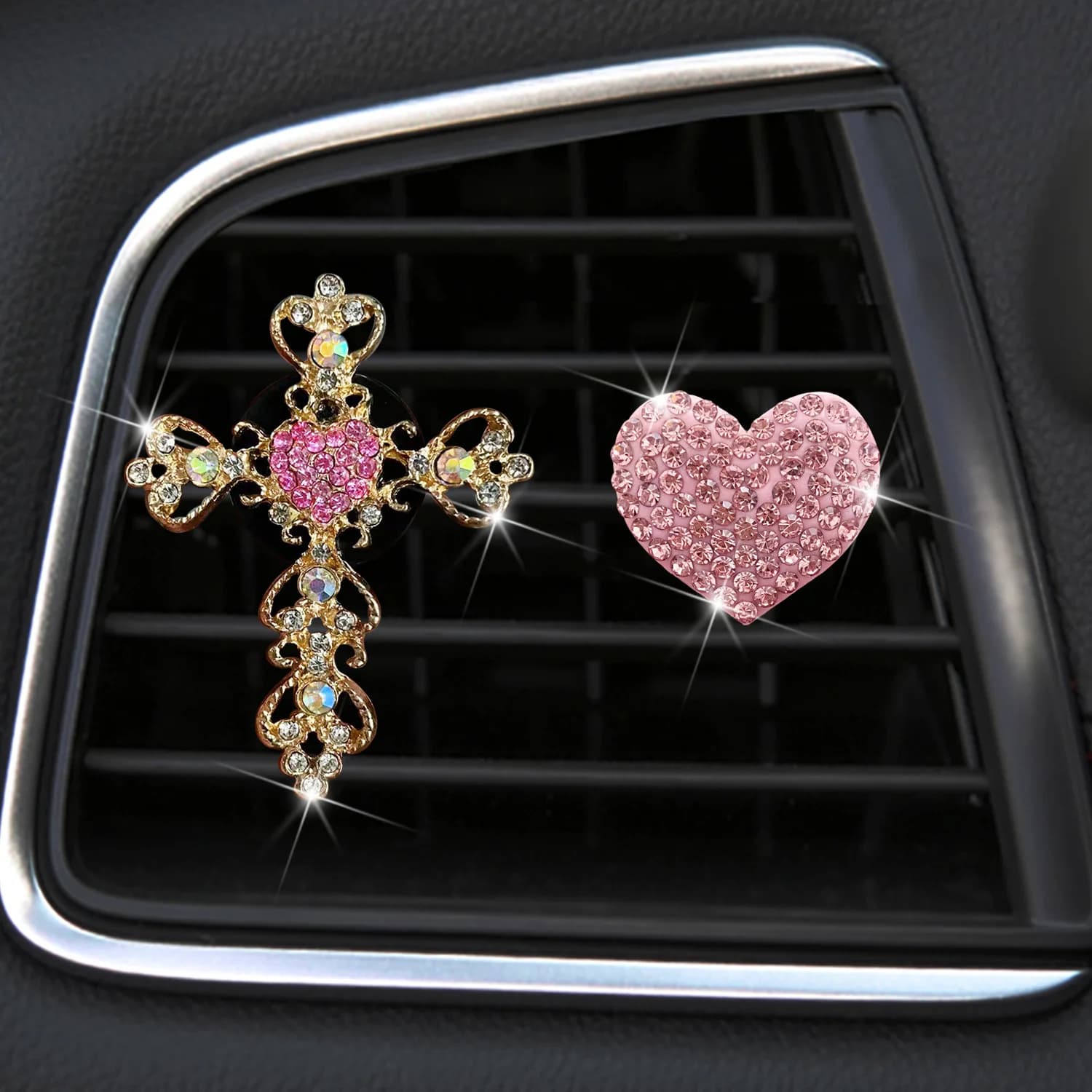 Pack of 2 car accessories with car vent clip, crystal cross and diamond heart, car diffuser, vent clip, deodorant for women