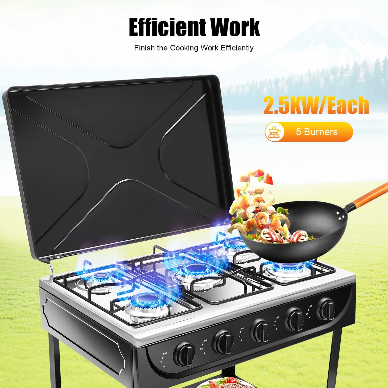 Black 5 Fuochi Natural Gas Stove, Independent, NG/LPG, 2.5KW for Burner, with Shelves and Cover for Camping, Camper, Fishing