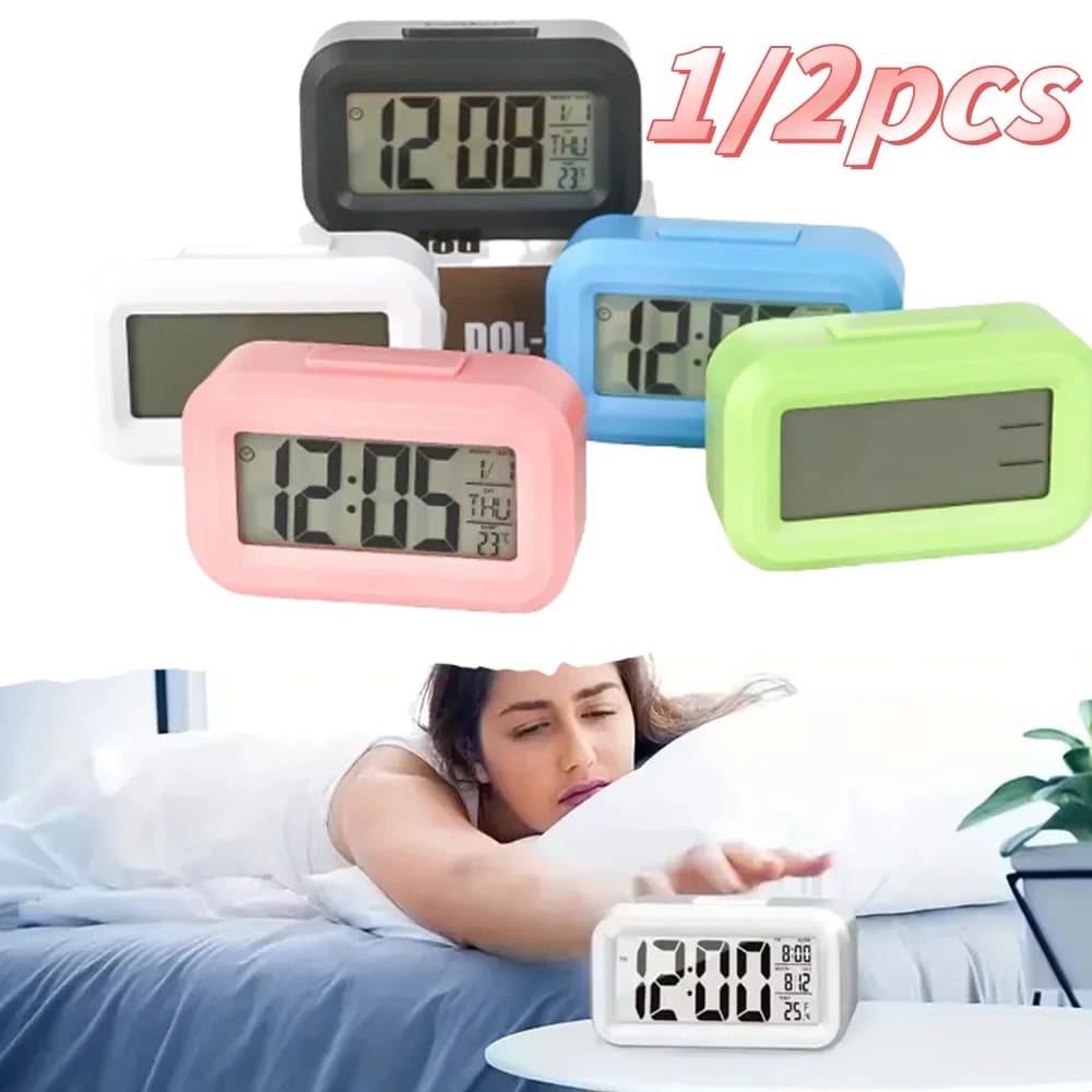1/2 pezzi sveglia digitale intelligente display LCD bianco nero con timer calendario temperatura orologio da tavolo da viaggio per ufficio a casa con luce a led