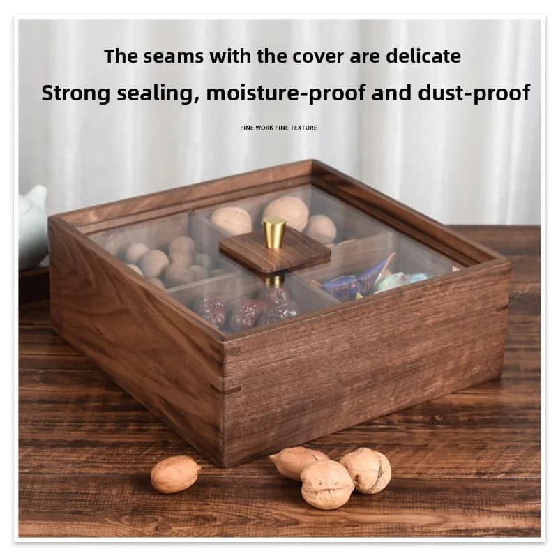 Solid wood fruit box Chinese black walnut candy box Living room household compartment with lid Nut plate Dried fruit snack stora