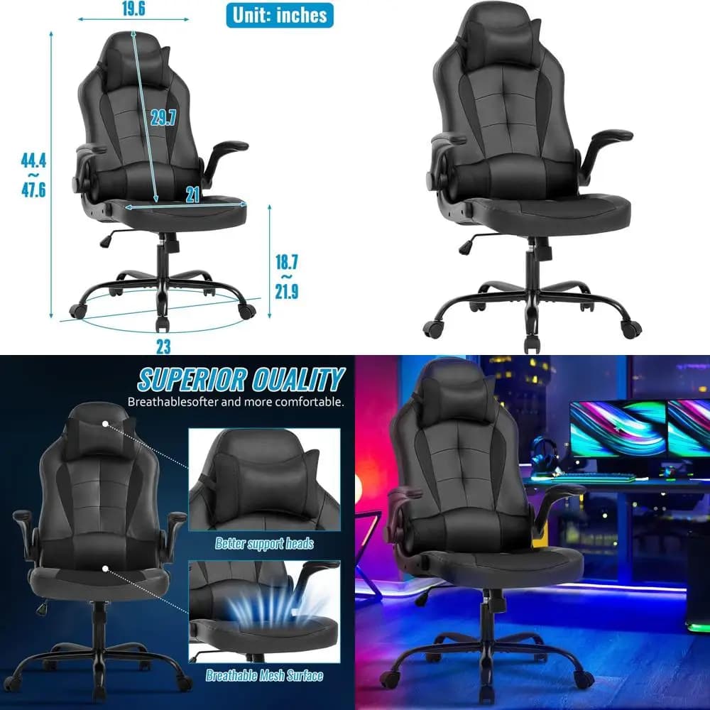 Sedia da ufficio ergonomica con schienale alto, supporto lombare, braccioli regolabili e rivestimento in pelle PU per un comodo gaming su PC (Nero)