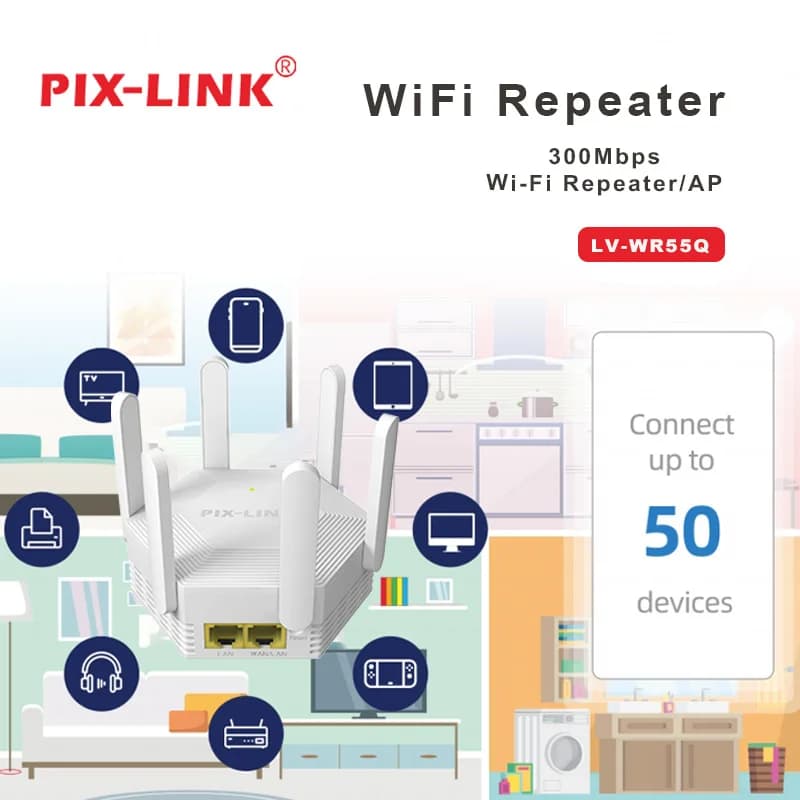 Eliminate WiFi Dead Zones PIX-LINK WR55Q 300Mbps Repeater 6 Antennas Router/AP Mode 300m² Coverage Works Home Coverage