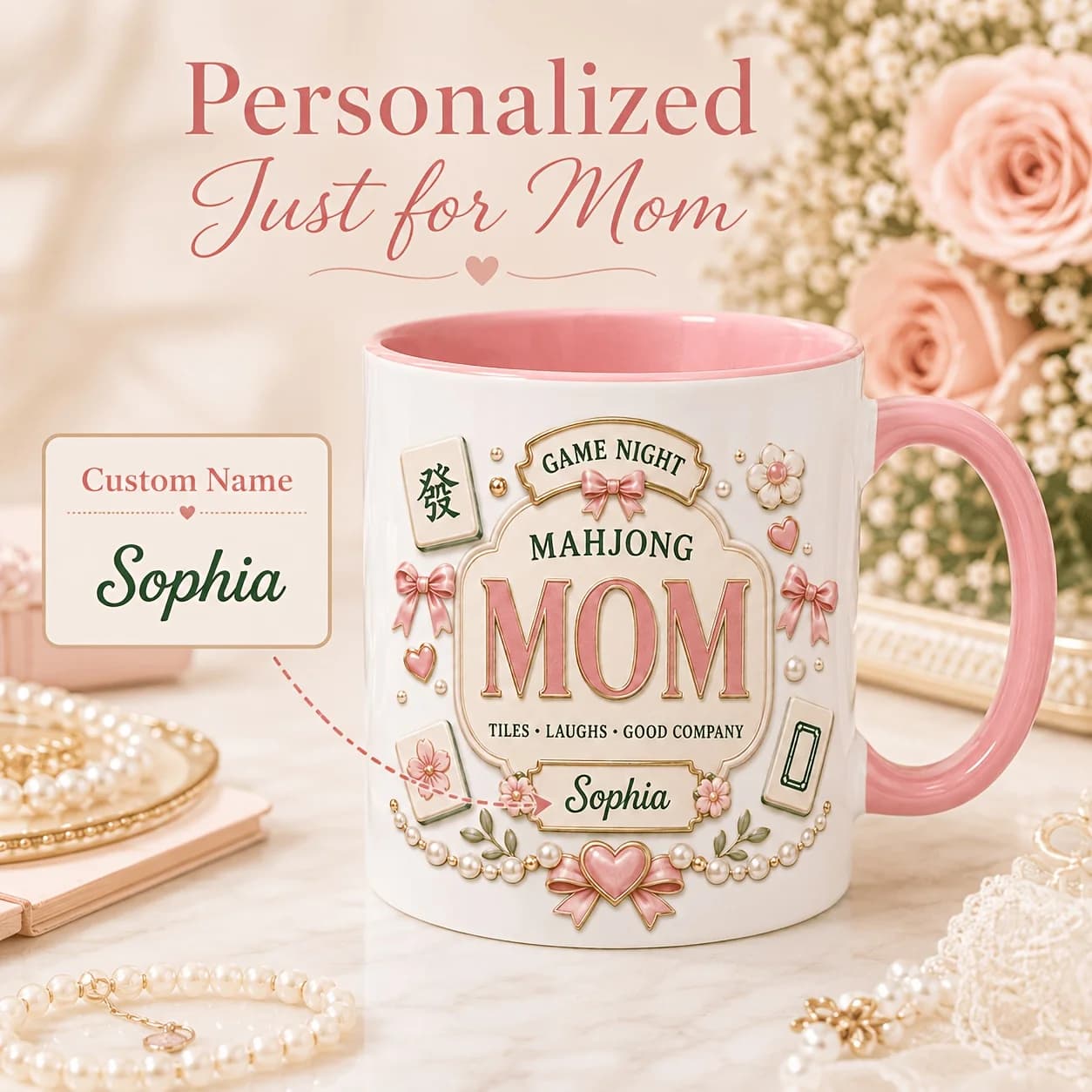 Custom Name Mahjong Mom Ceramic Coffee Mug 11oz 2D Printed Tile Game Night Design 330ml Gift for Mother Mahjong Lover Birthday M