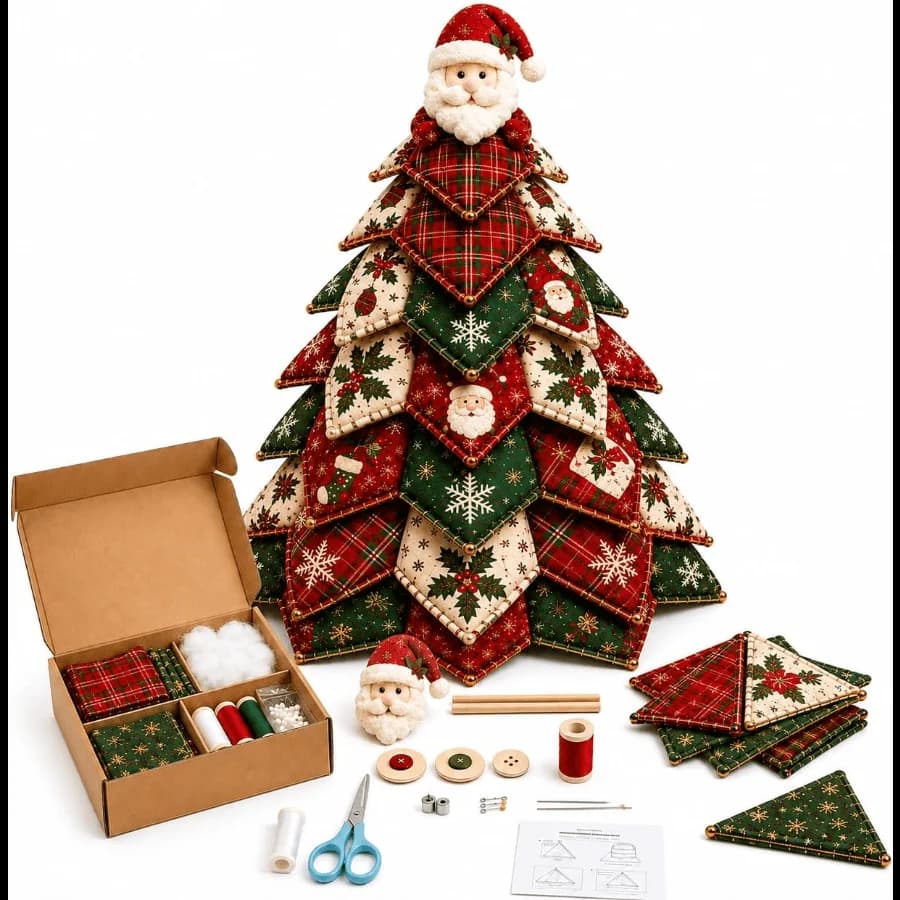 DIY Quilted Christmas Tree Kit, 3D Patchwork Sewing Craft For Beginners, Complete Sewing Kit With Fabric, Tools, Stuffing And Templates For Creating Dimensional Handmade Tabletop Christmas Decor