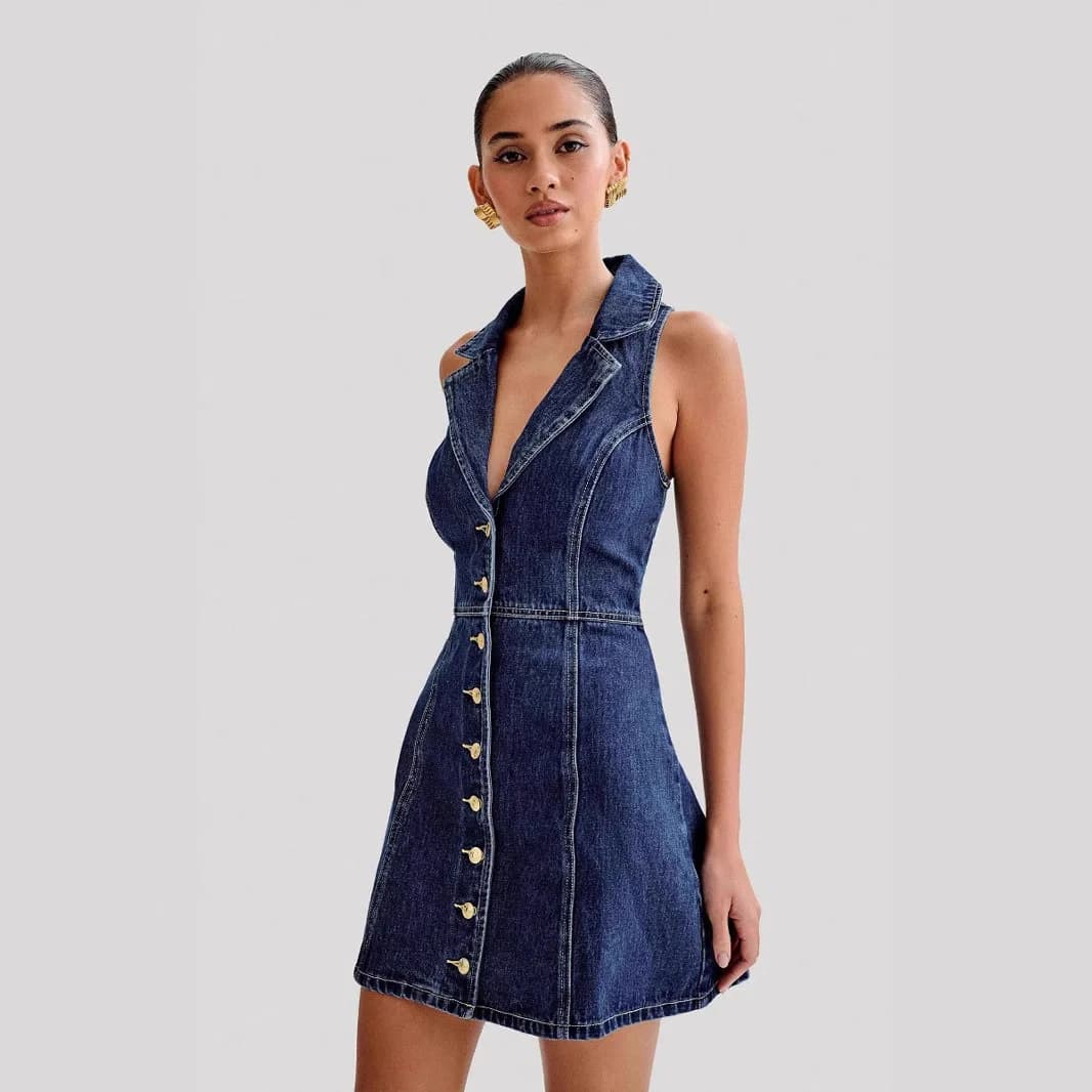 Denim Pinafore Dress Women's Summer Halterneck Low-cut Lapel Single-breasted Button-down Dress Casual Chic Short Skirt