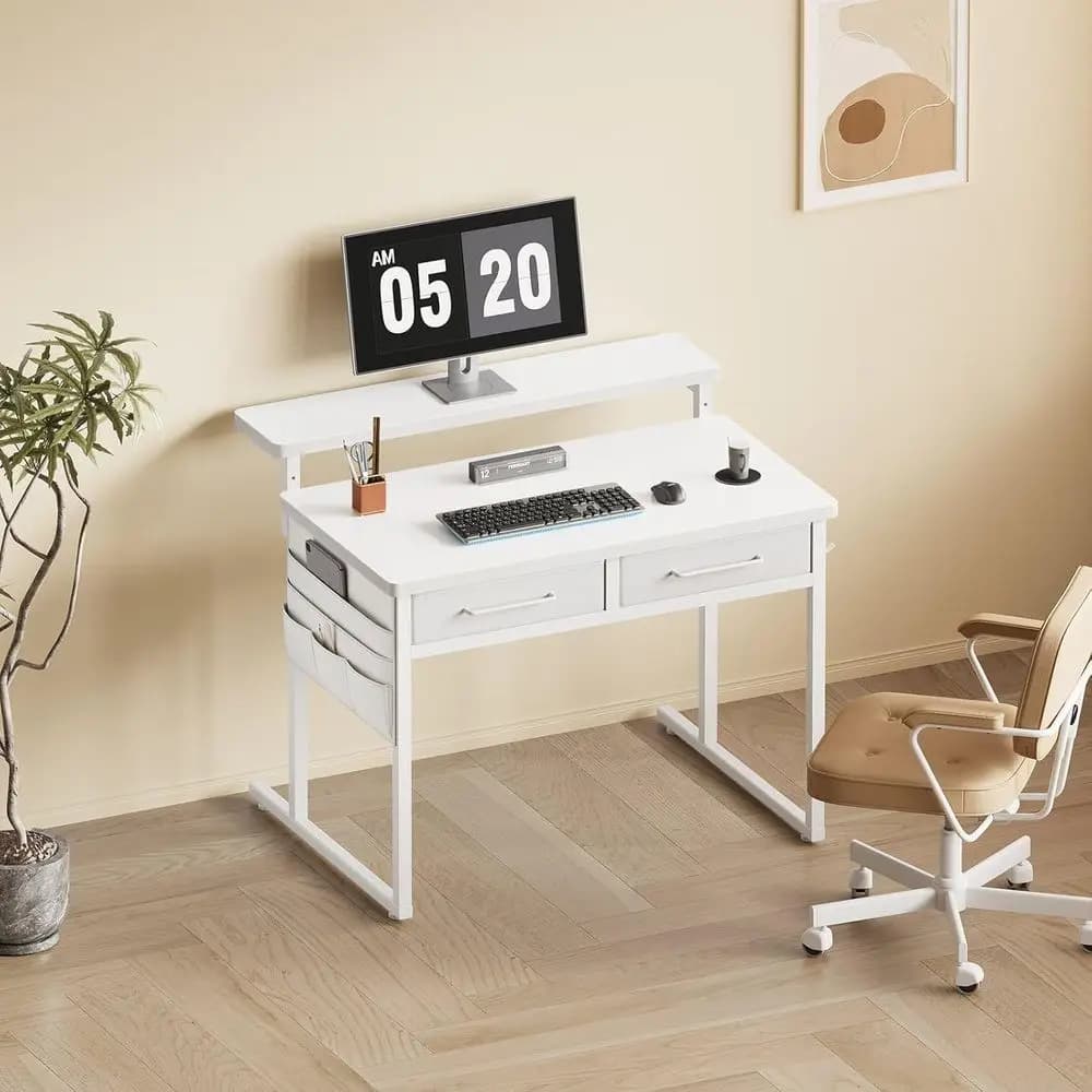 Piccola scrivania con Ders, scrivania per computer da ufficio da 31,5X15,8-22,9 pollici con tasca laterale e supporto ergonomico regolabile per monitor, tavolo da scrittura