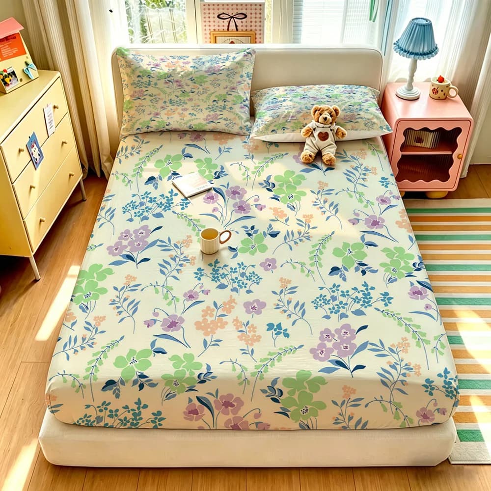 90G 3pcs Bedding Set 1 Fitted Sheet + 2 Pillowcases Light Blue Purple Floral Pattern Soft Microfiber Bed Sheet Set for Bedroo