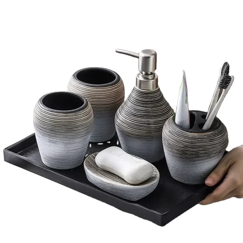 Ceramic Retro Brushed 5 Piece Bathroom Toiletries Set Soap Dispenser Tray Decorative Accessories for Home Garden Bath