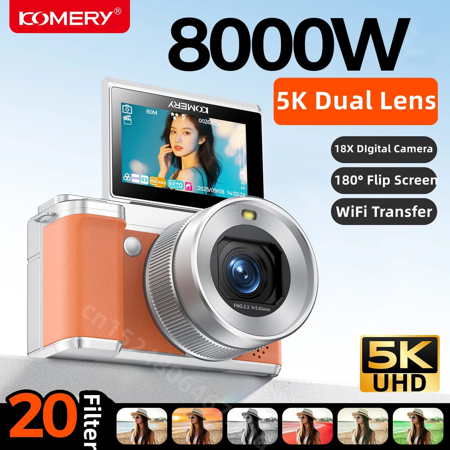 Digital camera HD 5K for photography Video camera Vlogging double lens 80 MP YouTube 180 ° Webcam WiFi Selfile with tipping screen