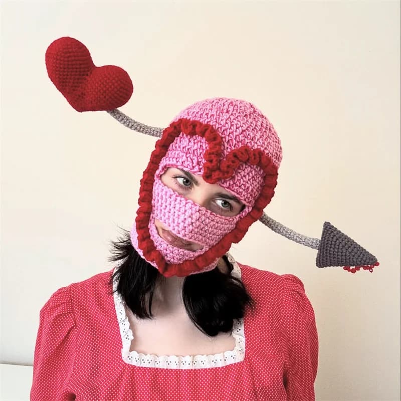 Handmade Crochet Cupid's Arrow Balaclava, Pink Knit Heart Mask with Oversized 3D Heart & Arrow, Valentine's Day Statement Hat