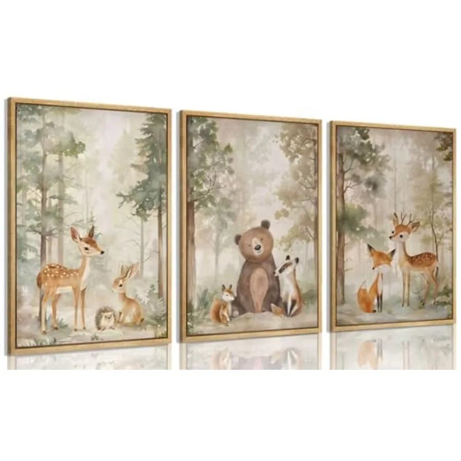 Quadro su tela con animali del bosco incorniciato, decorazione da parete con animali selvatici, dipinti di animali della foresta, immagini da parete, volpe, orso, cervo, acquerello, poster