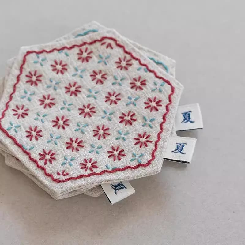 DIY Sashiko Kit Includes Pre-Punched Fabric, Needle, Thread For Hexagonal Coaster Tea Pad