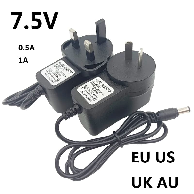 Alimentatore da 220 a 7,5 V UK AU dc7.5v 1a Adattatore CC 7.5 Volt 0.5a 7.5v 1a Adattatore 7.5v Trasformatore 5.5*2.5mm Sorgente Eu Us Plug