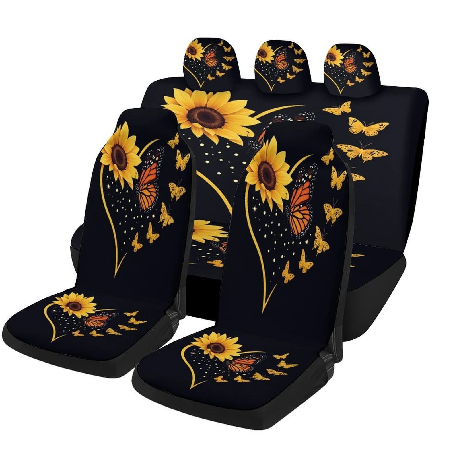Set of car seat covers with butterfly heart design and sunflowers for most cars, breathable and fashionable F decorative seat covers
